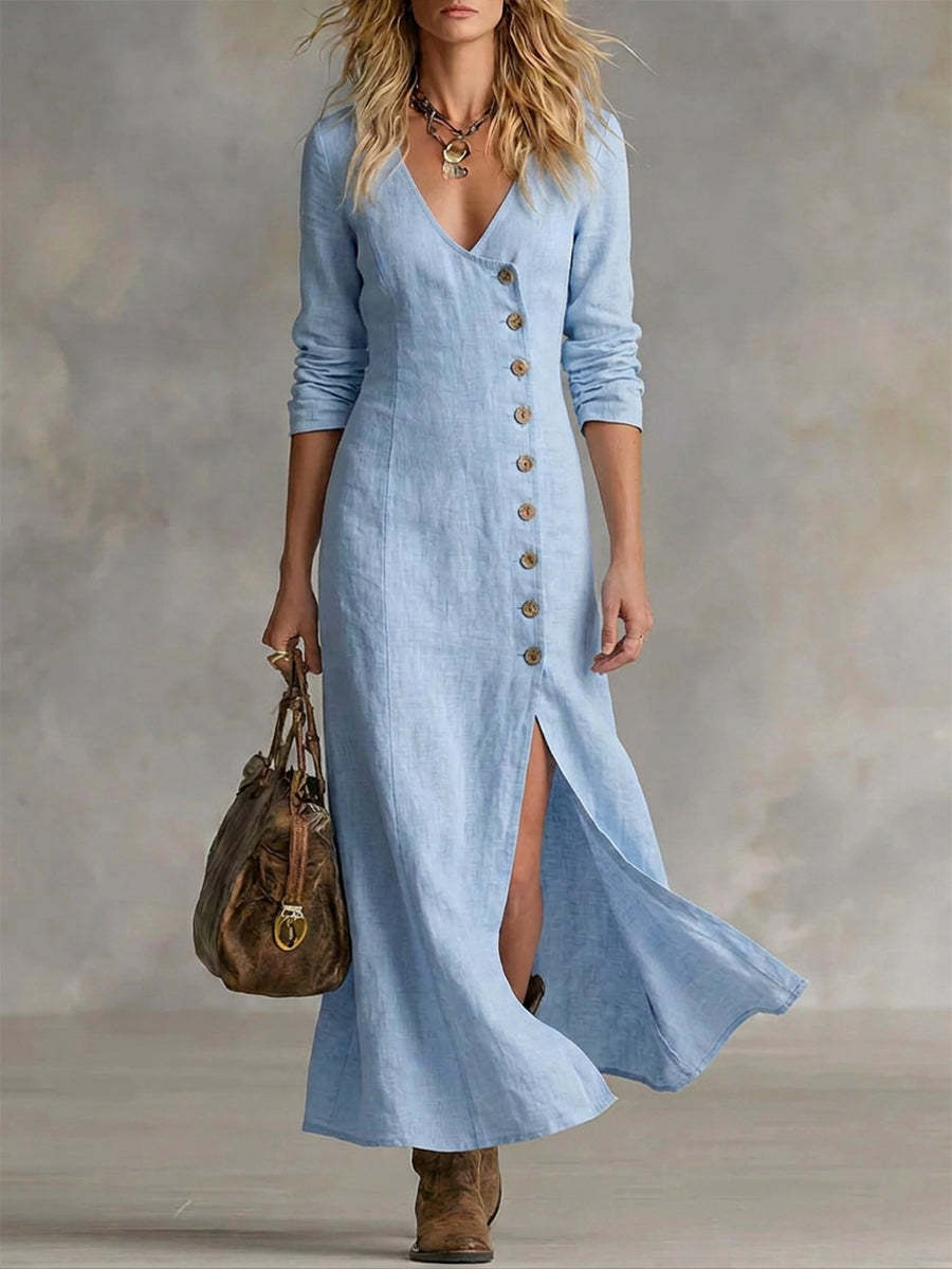 Amaya | Boho Linen Maxi Dress with V-Neckline and Button Front