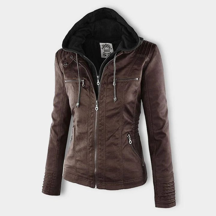 Emily | Women's Leather Biker Jacket with Removable Hood and Zip Detail