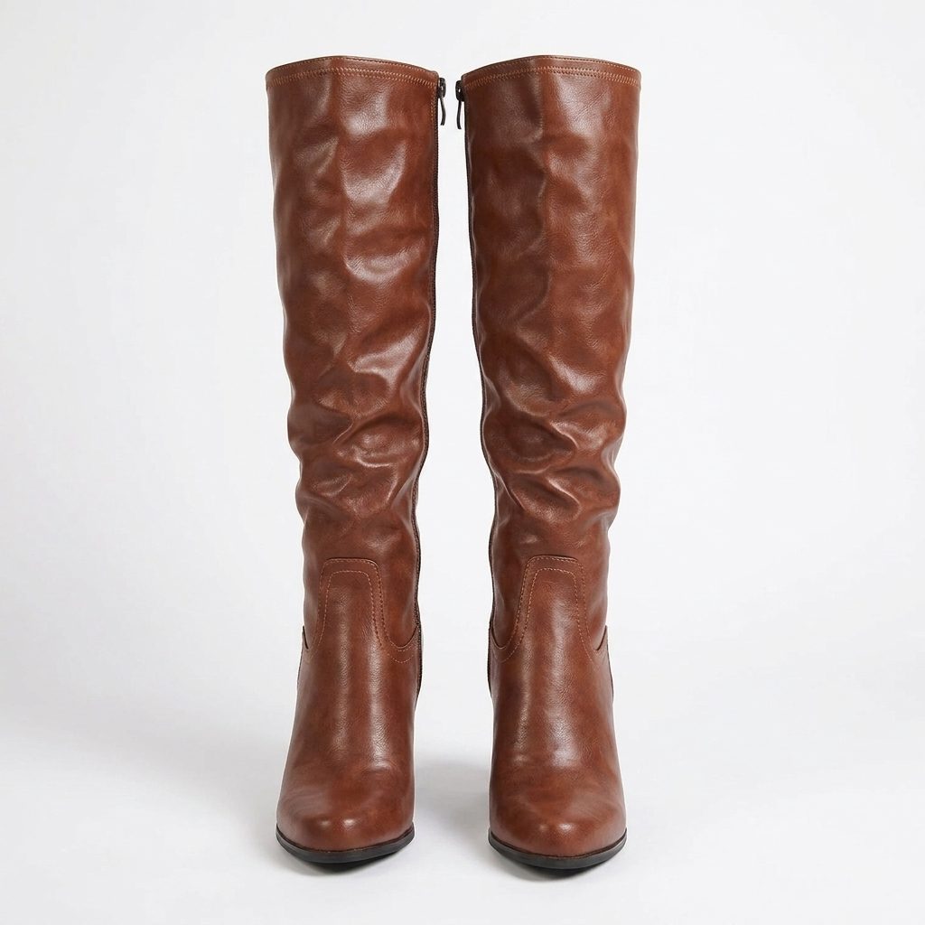 Raven | Brown Heeled Leather Knee High Boots with Block Heel