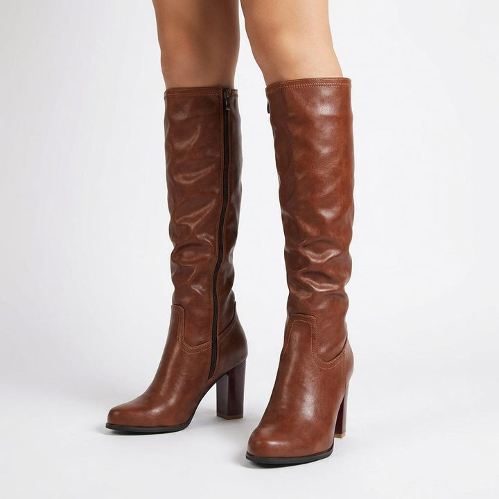 Raven | Brown Heeled Leather Knee High Boots with Block Heel