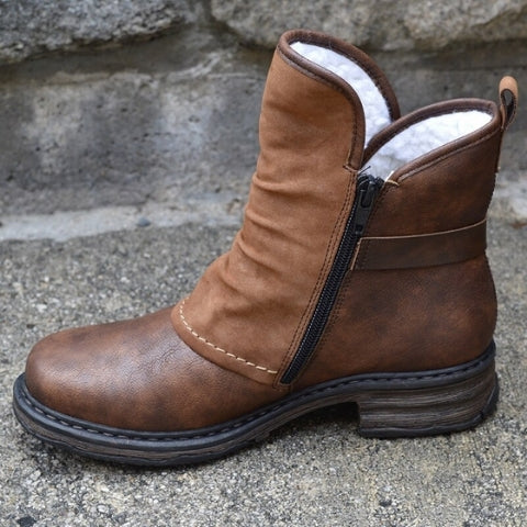 Romy | Brown Leather Ankle Boots with Fleece Lining and Buckle Strap
