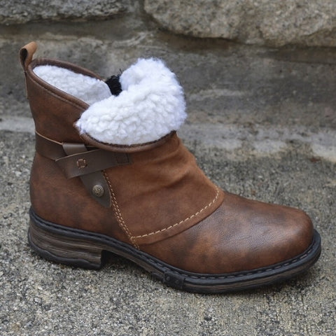 Romy | Brown Leather Ankle Boots with Fleece Lining and Buckle Strap