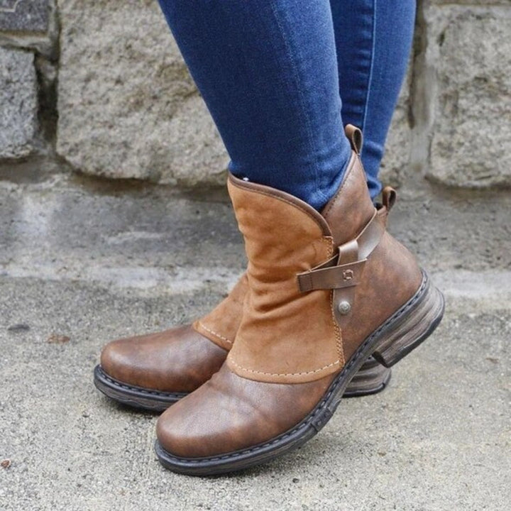 Romy | Brown Leather Ankle Boots with Fleece Lining and Buckle Strap