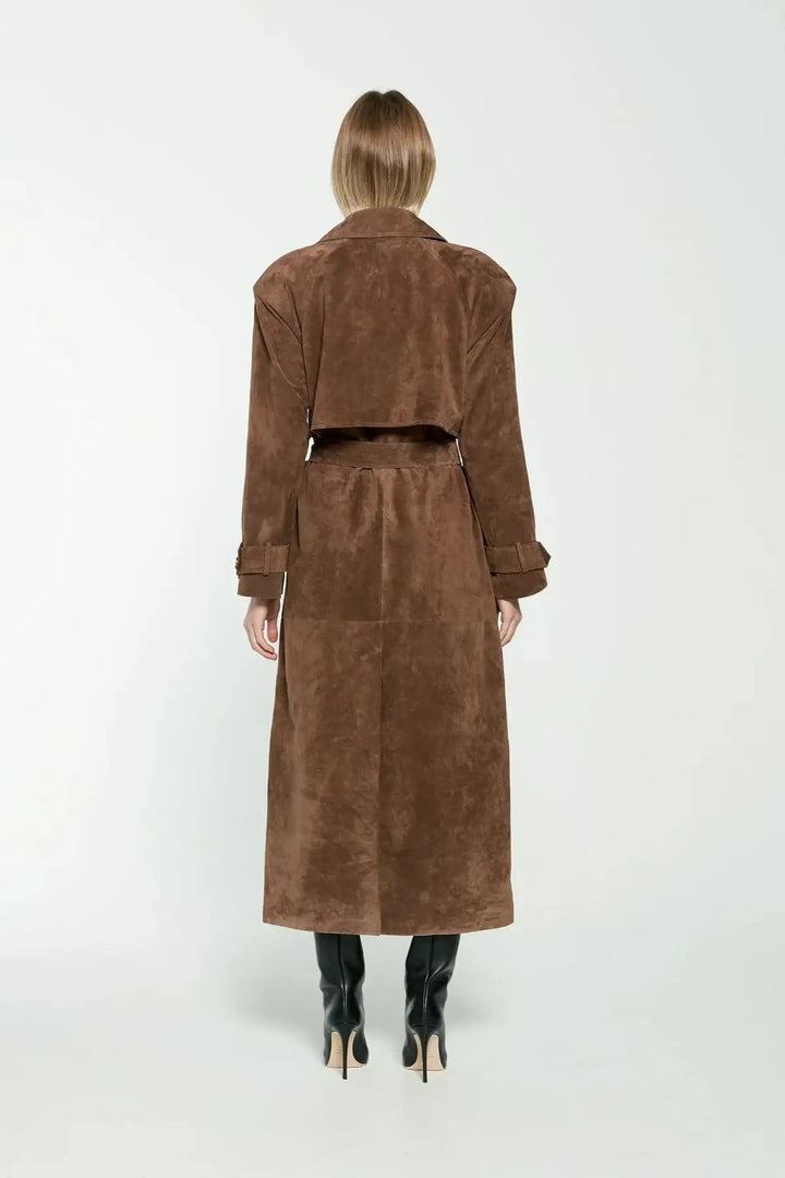 Savanna | Women's Brown Suede Double Breasted Long Trench Coat with Belt