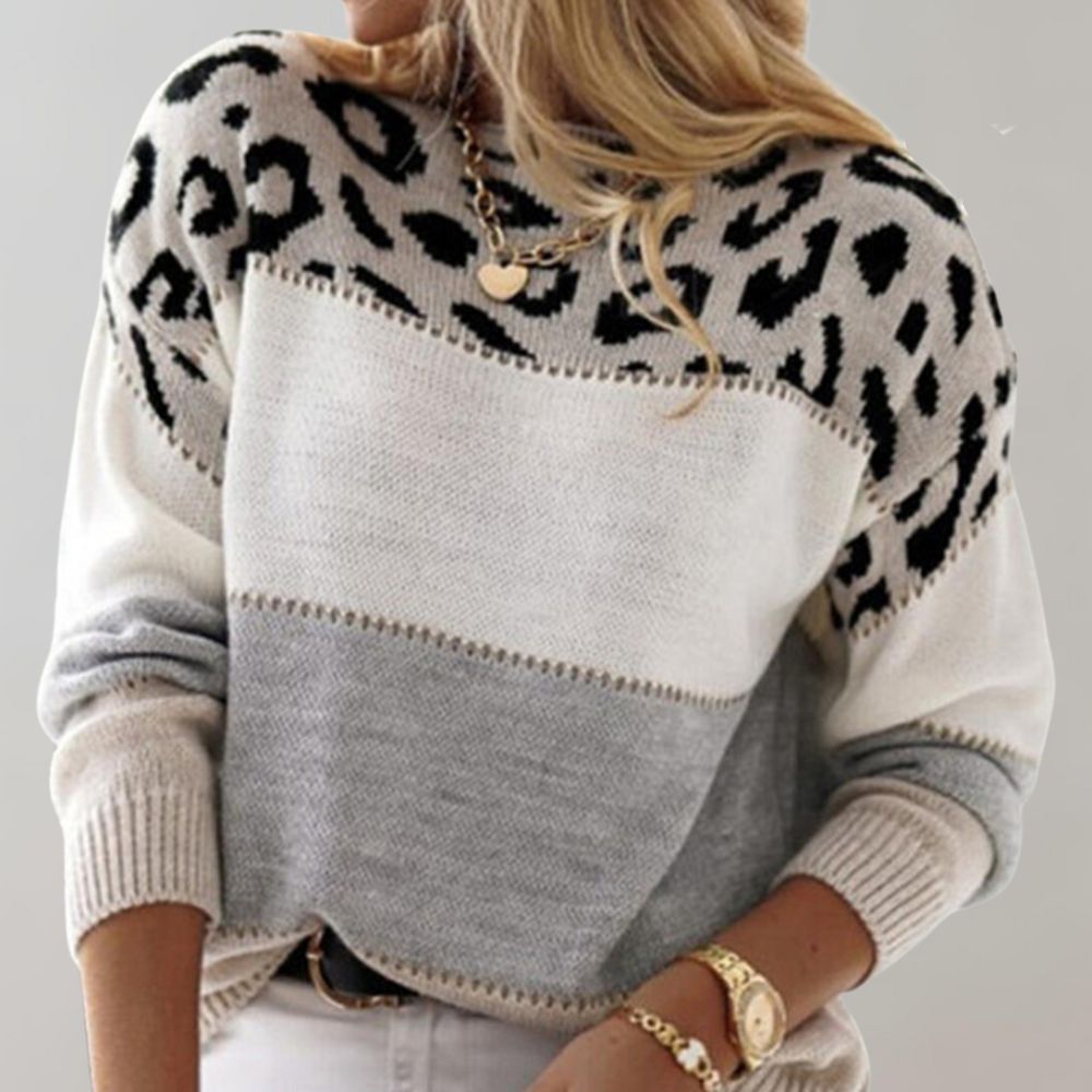 Vanessa | Women’s soft knitted jumper with colour-blocking and leopard print