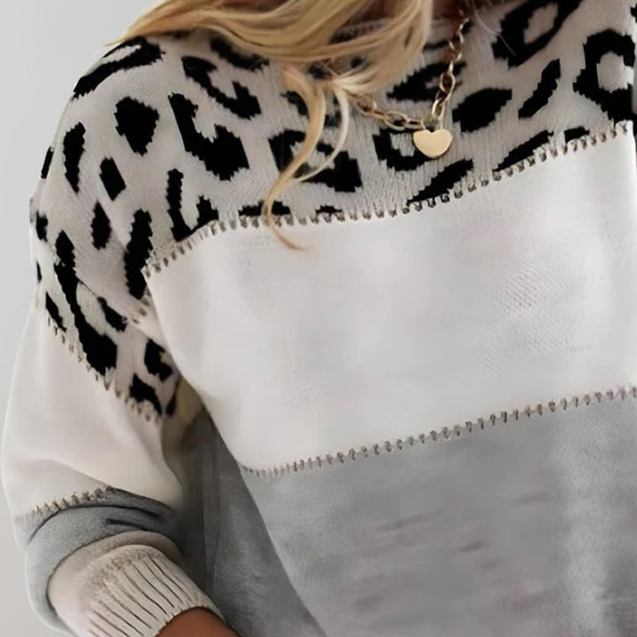 Vanessa | Women’s soft knitted jumper with colour-blocking and leopard print