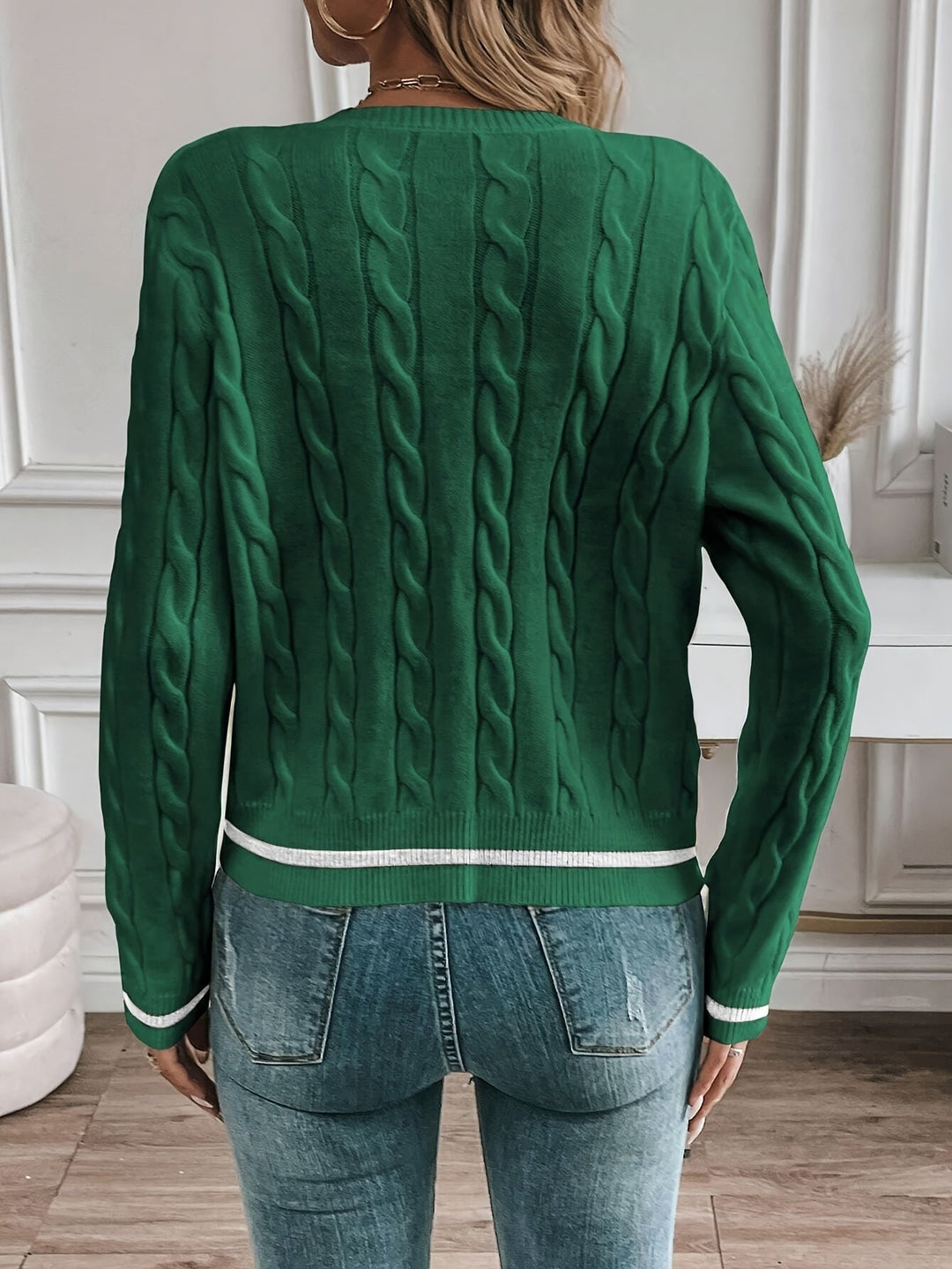 Karter | Cable Knit Cardigan with Gold Buttons and Contrast Trim