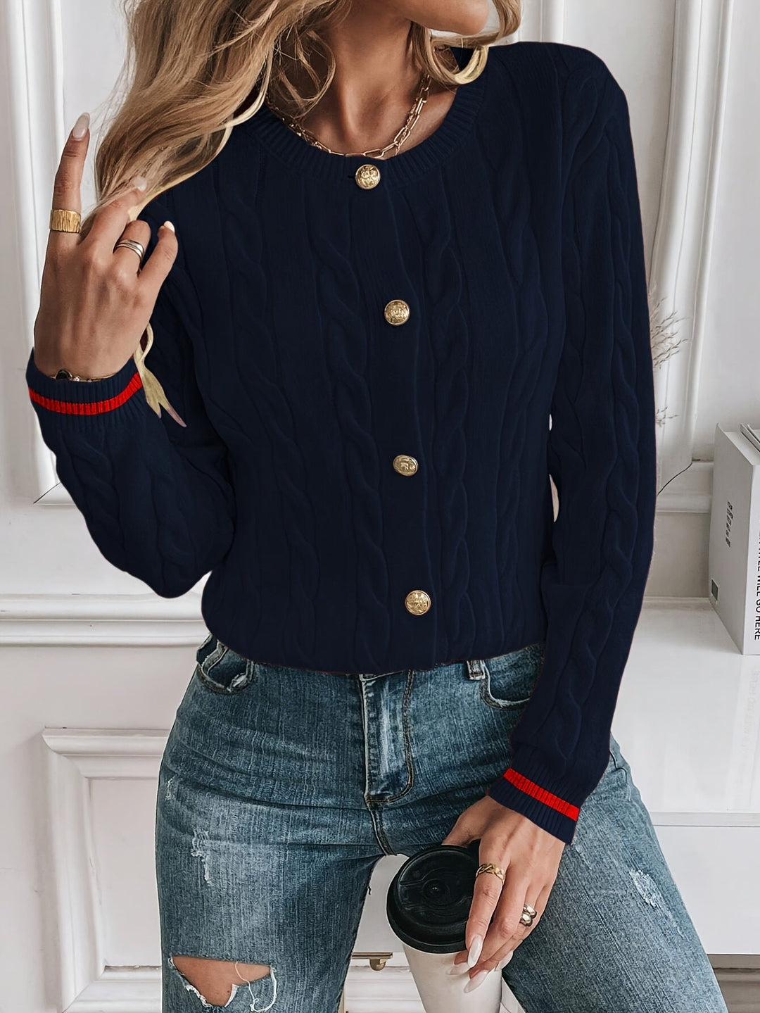 Karter | Cable Knit Cardigan with Gold Buttons and Contrast Trim
