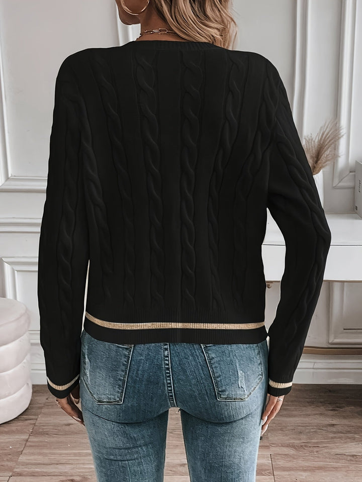 Karter | Cable Knit Cardigan with Gold Buttons and Contrast Trim