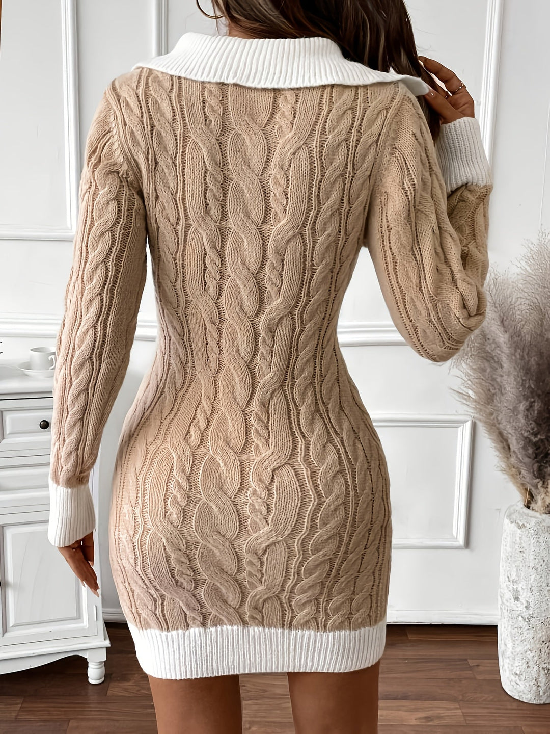 Zelda | Cable Knit Mini Dress with Contrast Collar and Ribbed Hem