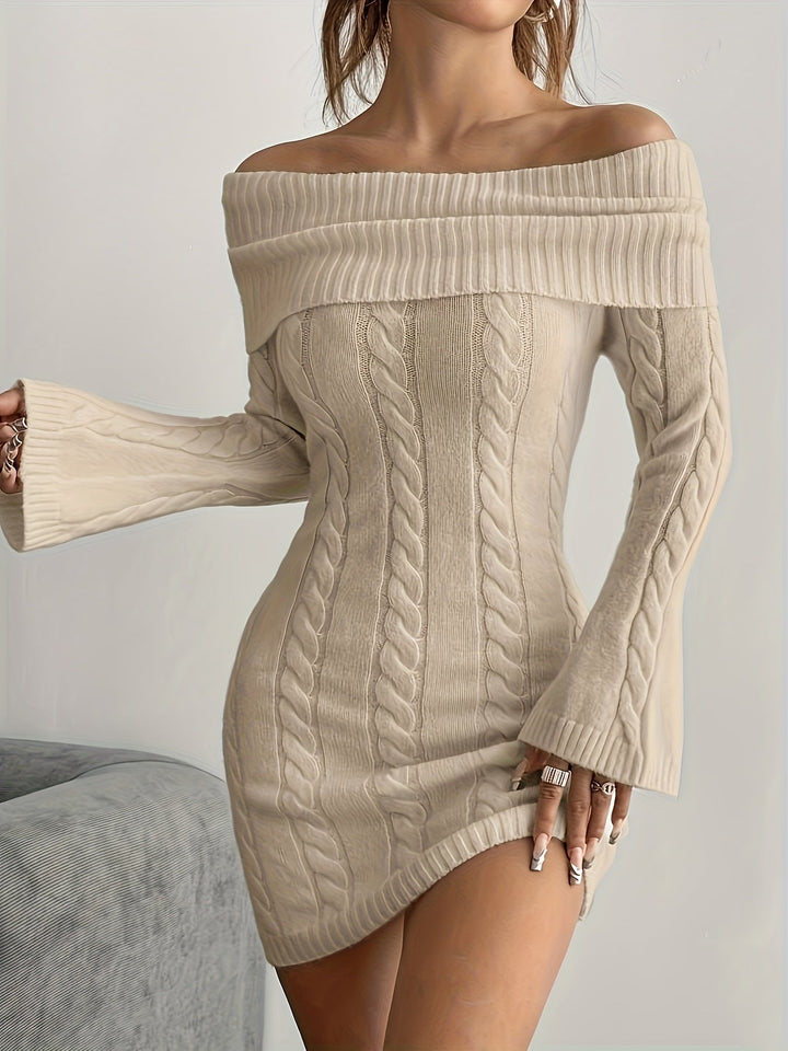Taliyah | Cable Knit Off Shoulder Mini Dress with Flared Sleeves