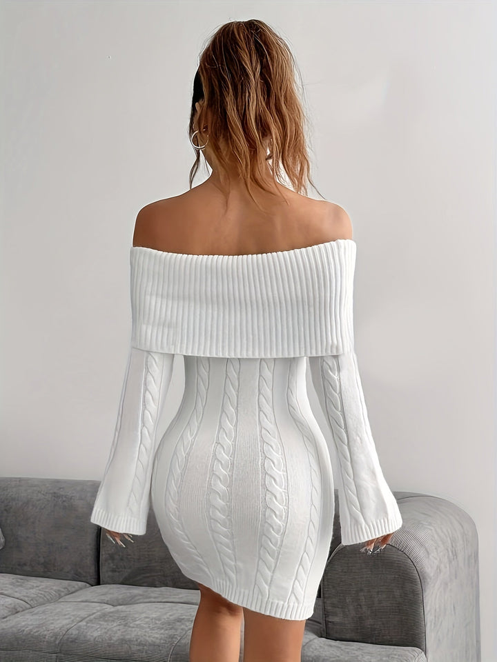 Taliyah | Cable Knit Off Shoulder Mini Dress with Flared Sleeves