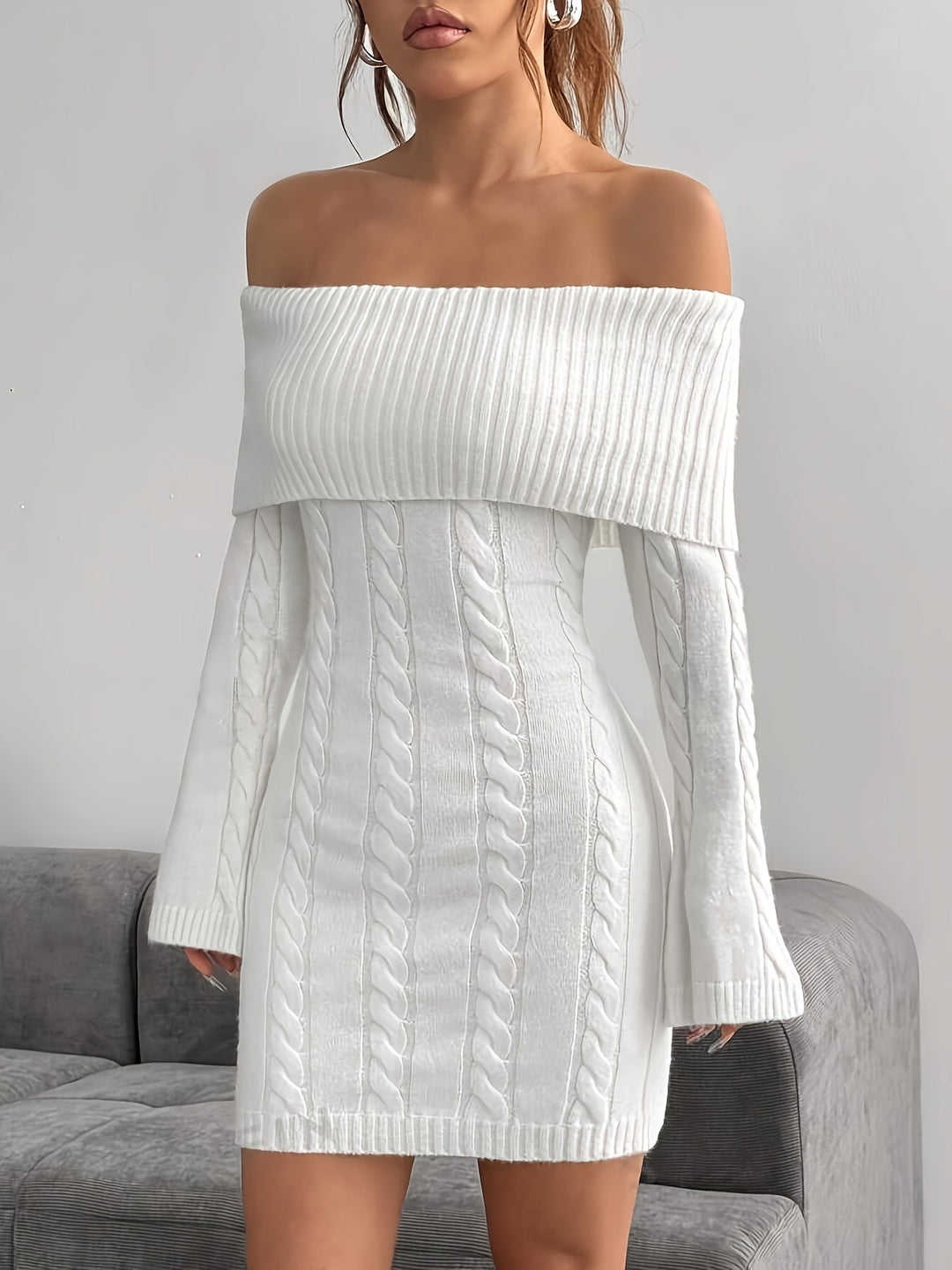 Taliyah | Cable Knit Off Shoulder Mini Dress with Flared Sleeves