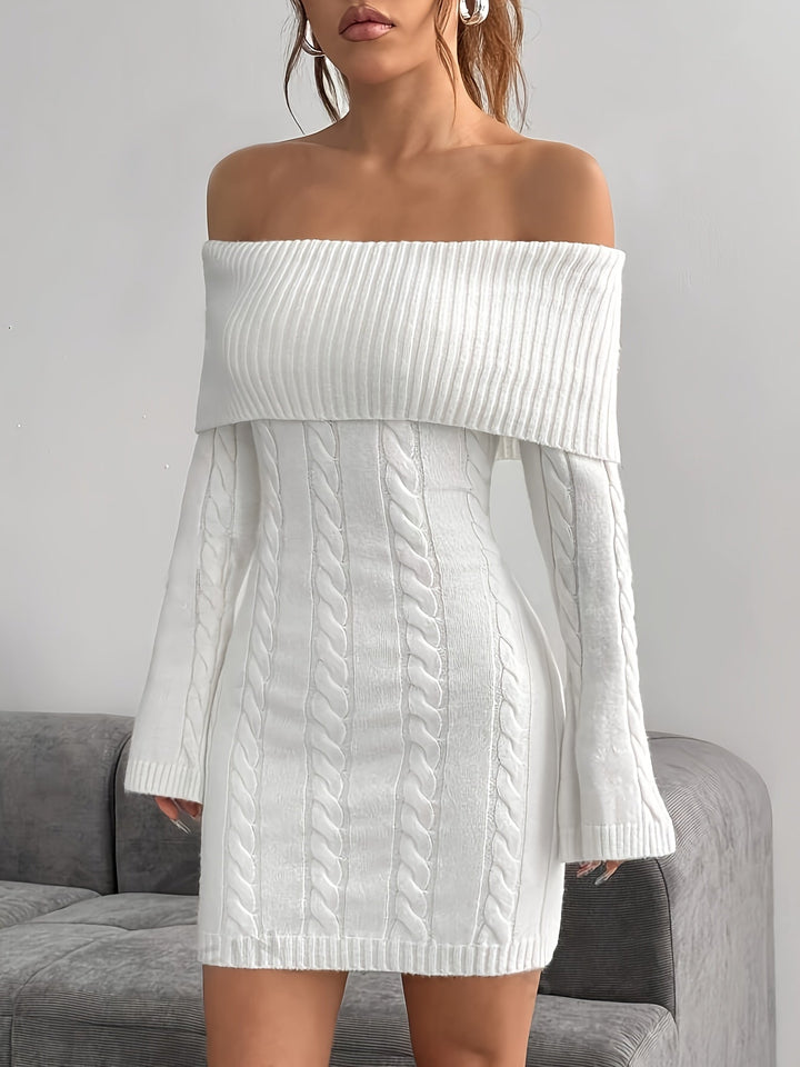 Taliyah | Cable Knit Off Shoulder Mini Dress with Flared Sleeves