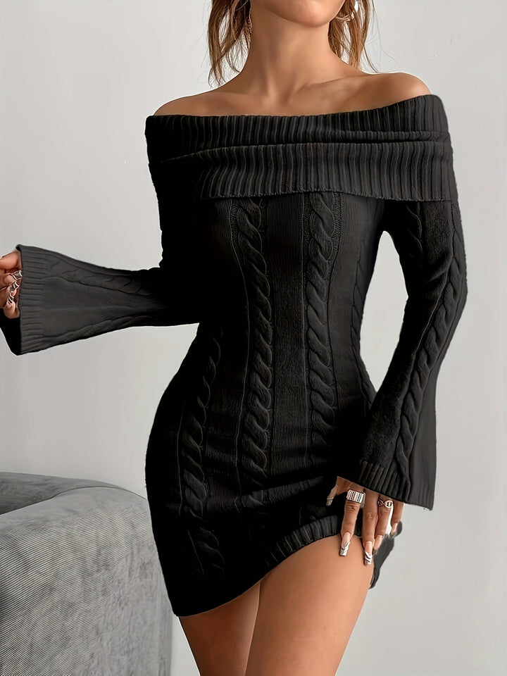 Taliyah | Cable Knit Off Shoulder Mini Dress with Flared Sleeves