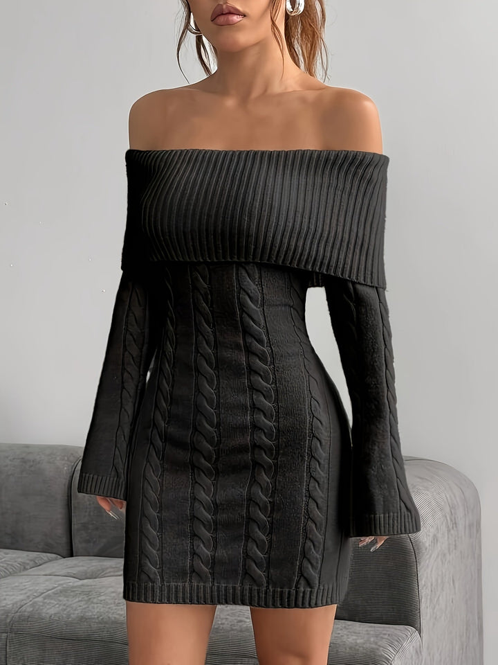 Taliyah | Cable Knit Off Shoulder Mini Dress with Flared Sleeves