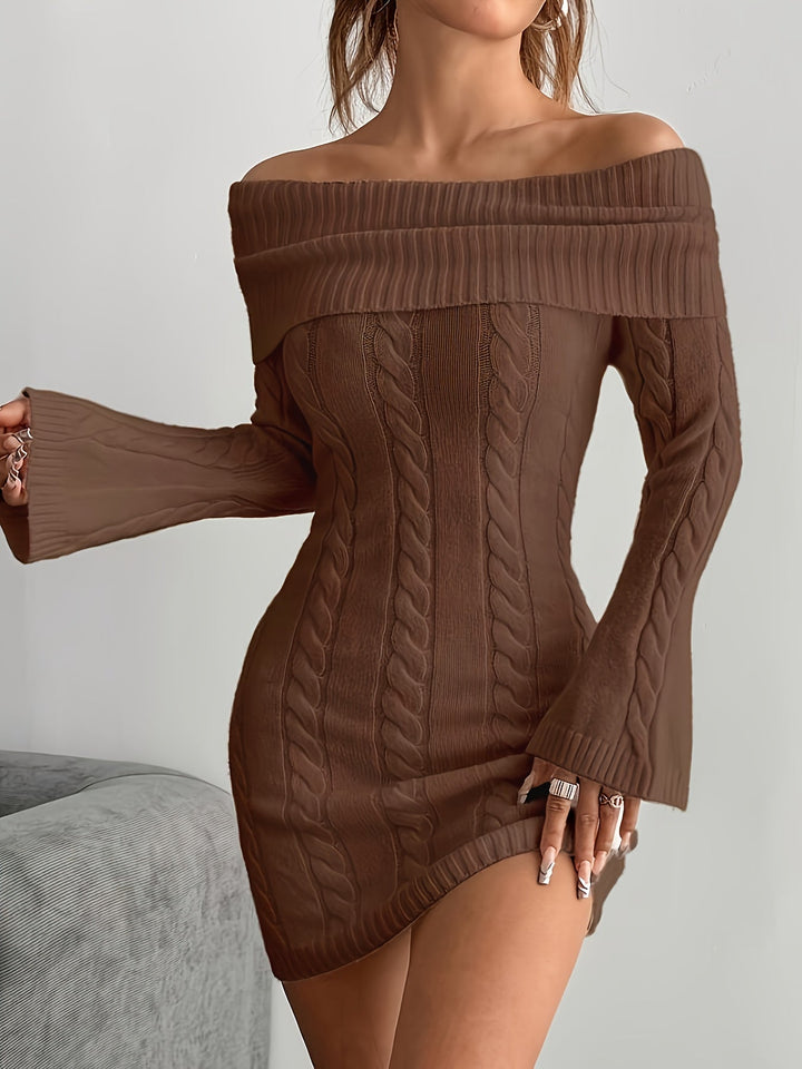 Taliyah | Cable Knit Off Shoulder Mini Dress with Flared Sleeves