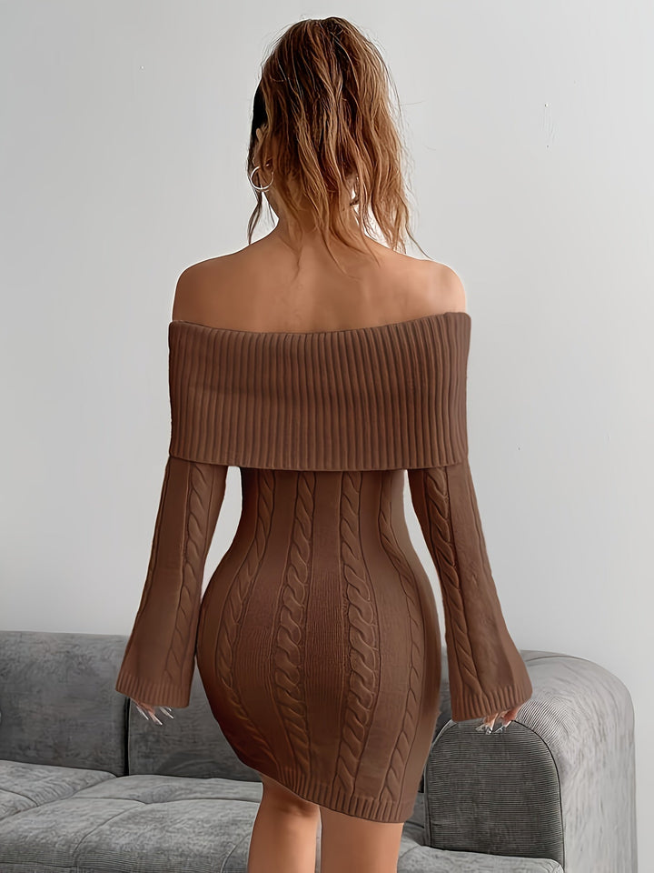 Taliyah | Cable Knit Off Shoulder Mini Dress with Flared Sleeves