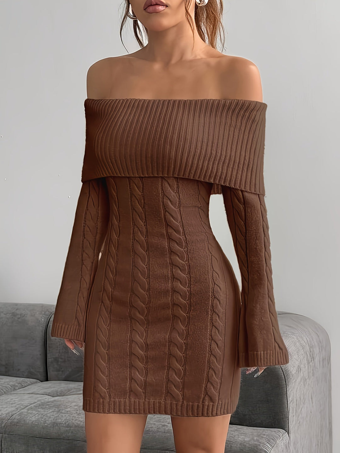 Taliyah | Cable Knit Off Shoulder Mini Dress with Flared Sleeves