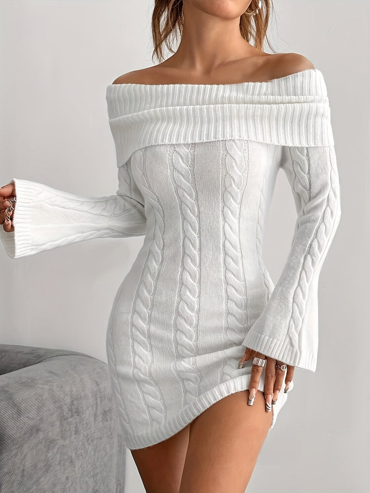 Taliyah | Cable Knit Off Shoulder Mini Dress with Flared Sleeves