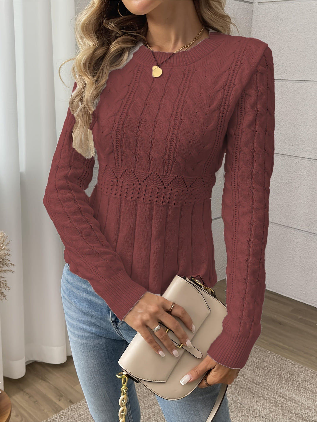 Krystin | Women's Cable Knit Sweater with Pointelle Waist Detail
