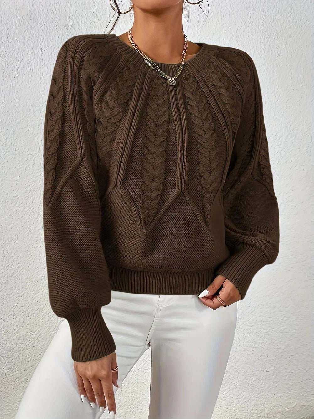 Nelly | Cable Knit Sweater with Puff Sleeves and Round Neckline