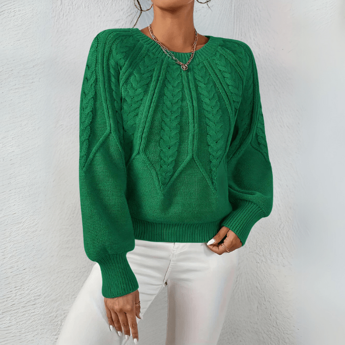 Nelly | Cable Knit Sweater with Puff Sleeves and Round Neckline