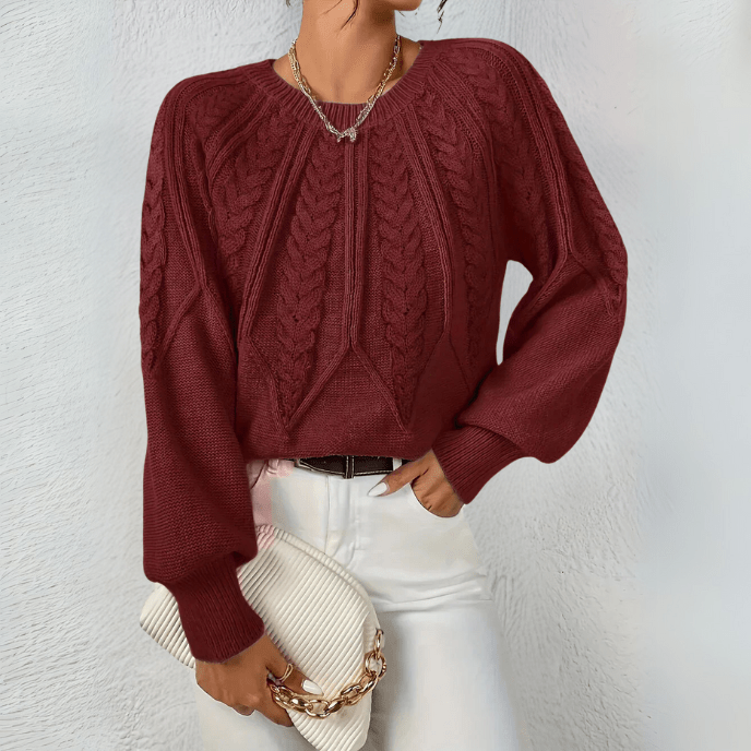 Nelly | Cable Knit Sweater with Puff Sleeves and Round Neckline