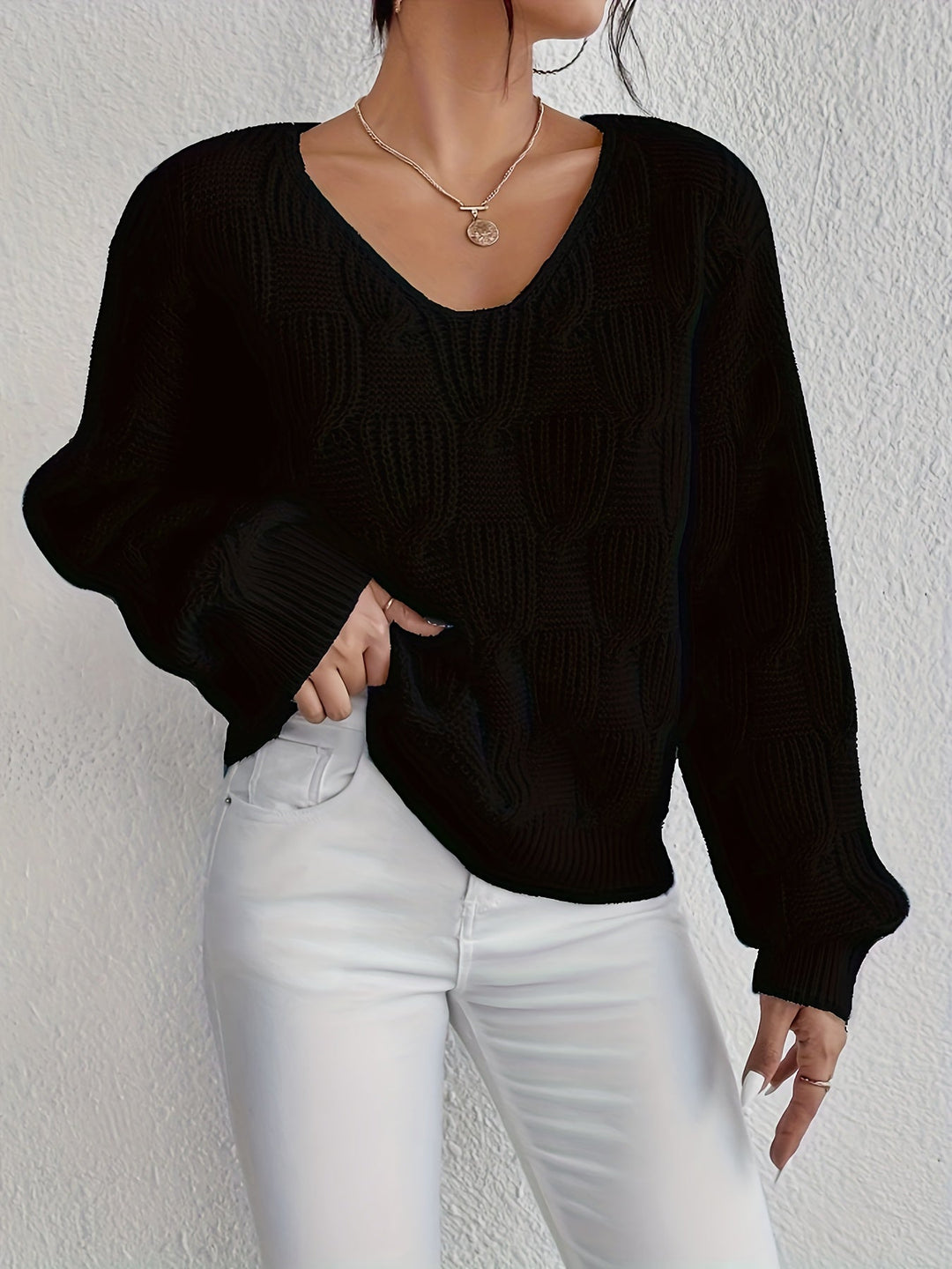 Aviana | Cable Knit Sweater with V-Neckline and Puff Sleeves