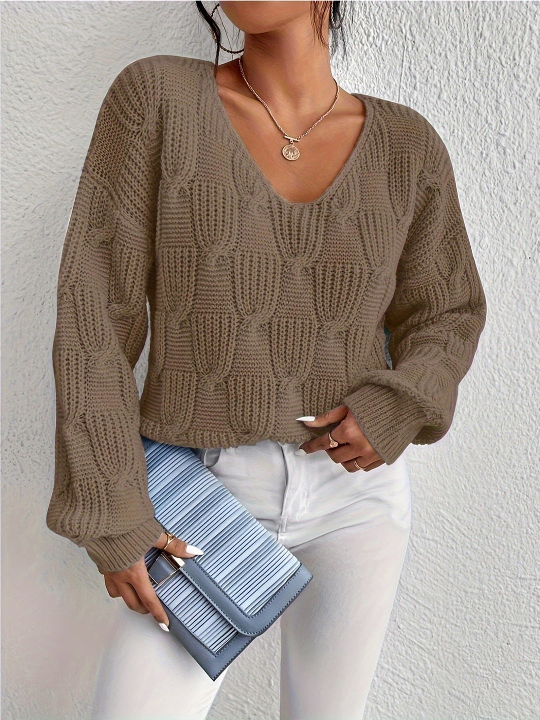 Aviana | Cable Knit Sweater with V-Neckline and Puff Sleeves