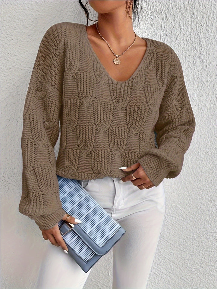 Aviana | Cable Knit Sweater with V-Neckline and Puff Sleeves