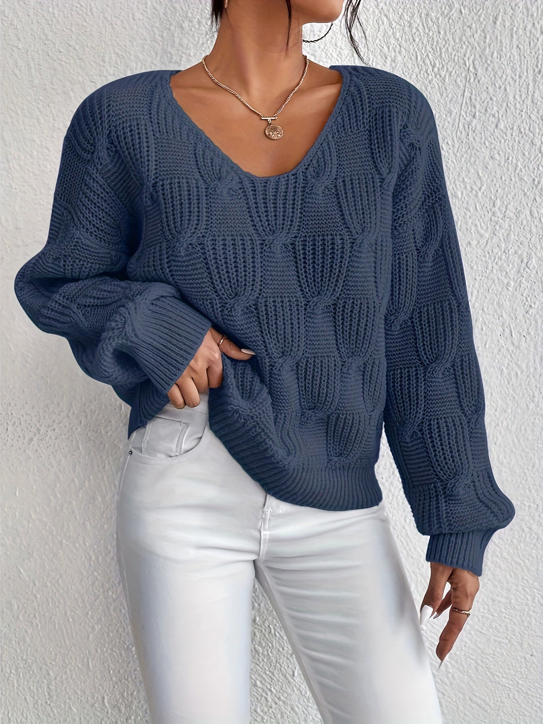 Aviana | Cable Knit Sweater with V-Neckline and Puff Sleeves