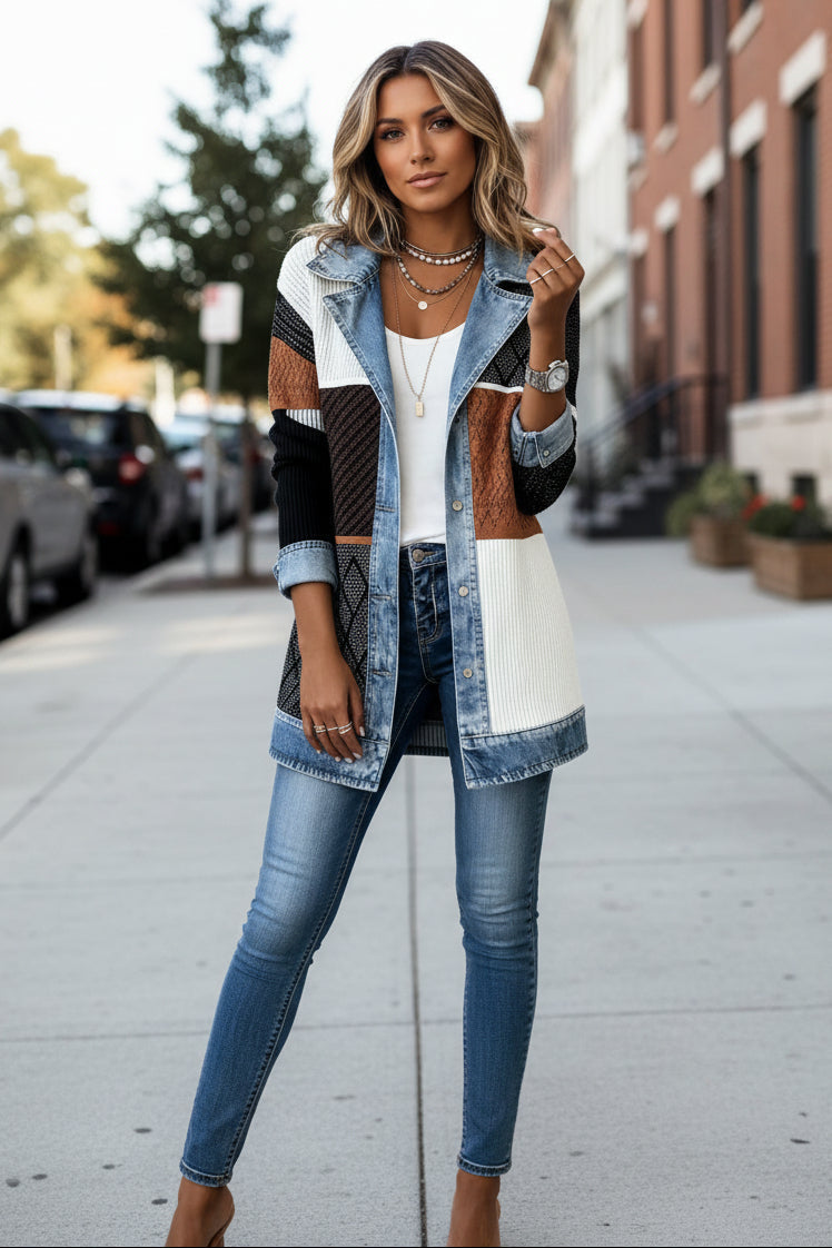 Jolene | Casual Knit Cardigan Jacket with Denim Collar