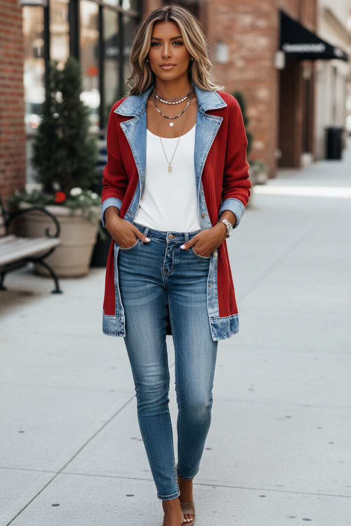 Jolene | Casual Knit Cardigan Jacket with Denim Collar