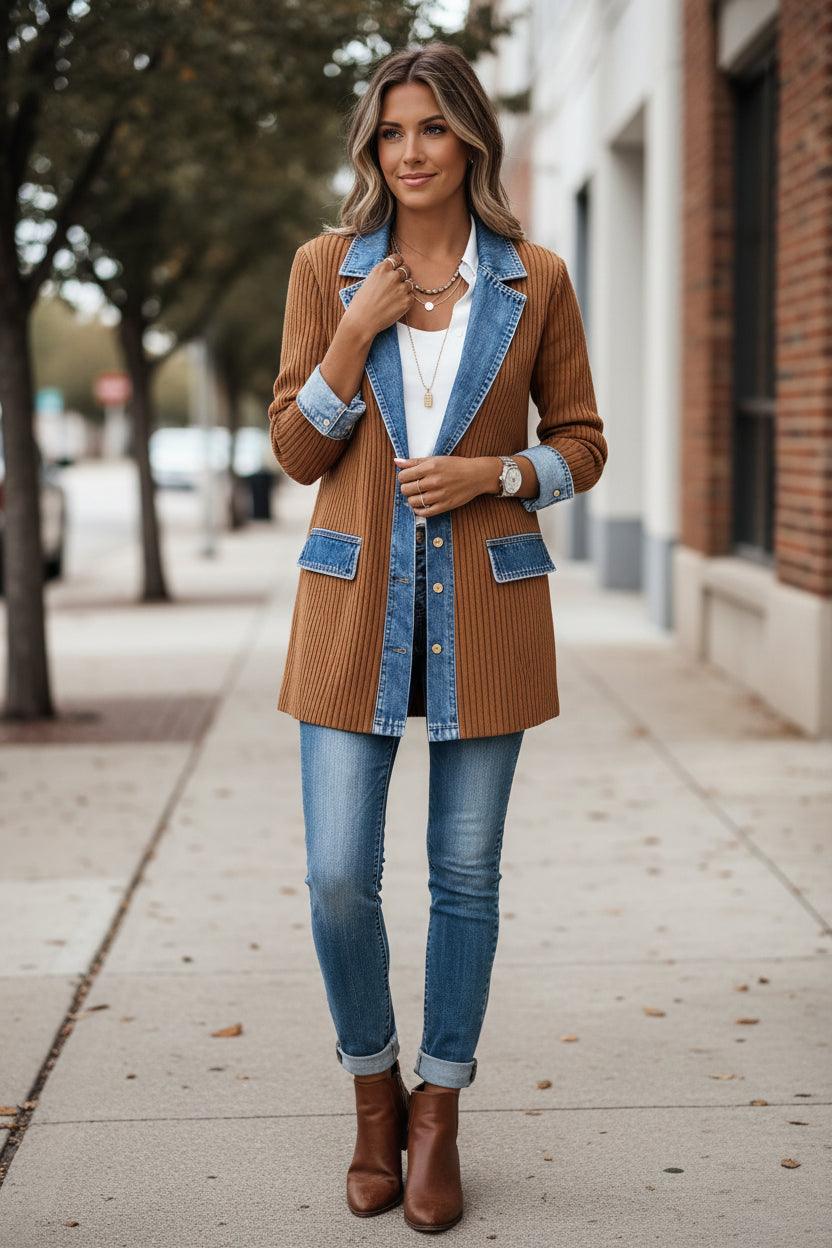 Jolene | Casual Knit Cardigan Jacket with Denim Collar