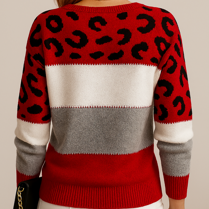 Vanessa | Women’s soft knitted jumper with colour-blocking and leopard print
