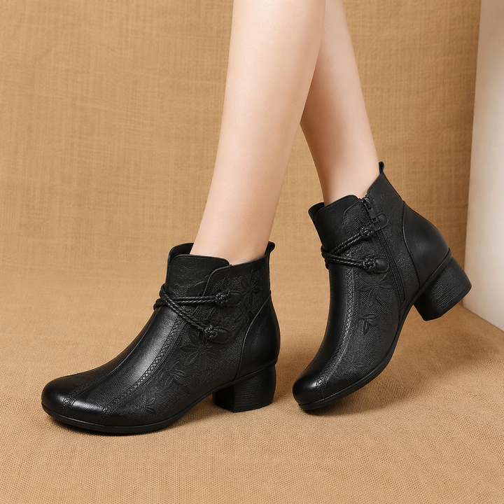 Milena | Leather Ankle Boots with Leaf Detail and Block Heel