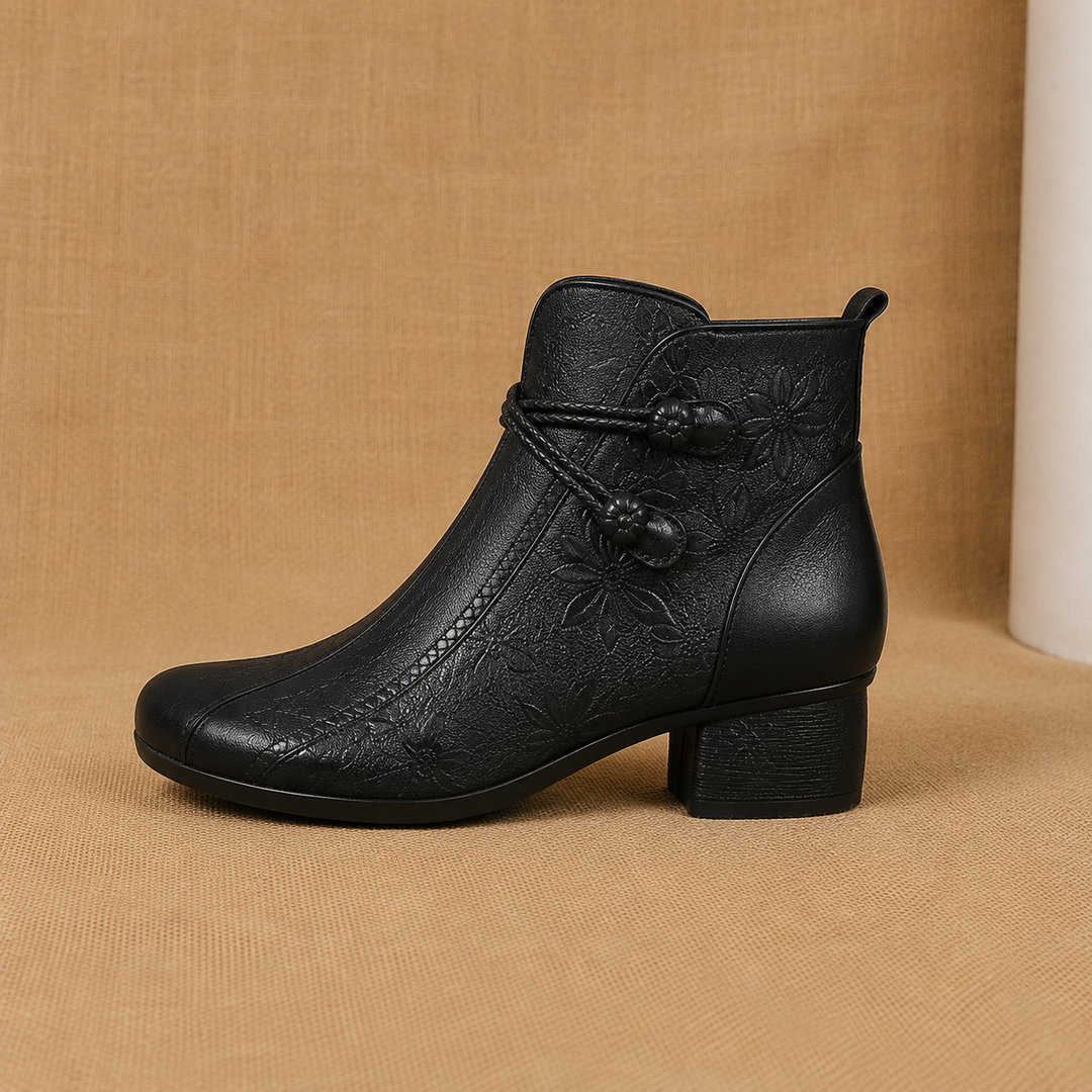 Milena | Leather Ankle Boots with Leaf Detail and Block Heel