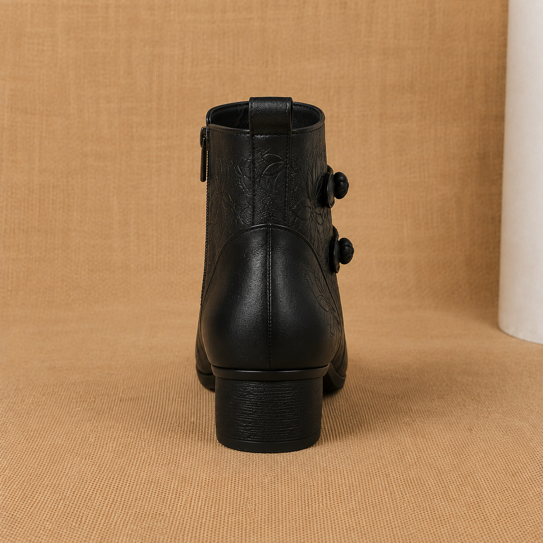 Milena | Leather Ankle Boots with Leaf Detail and Block Heel