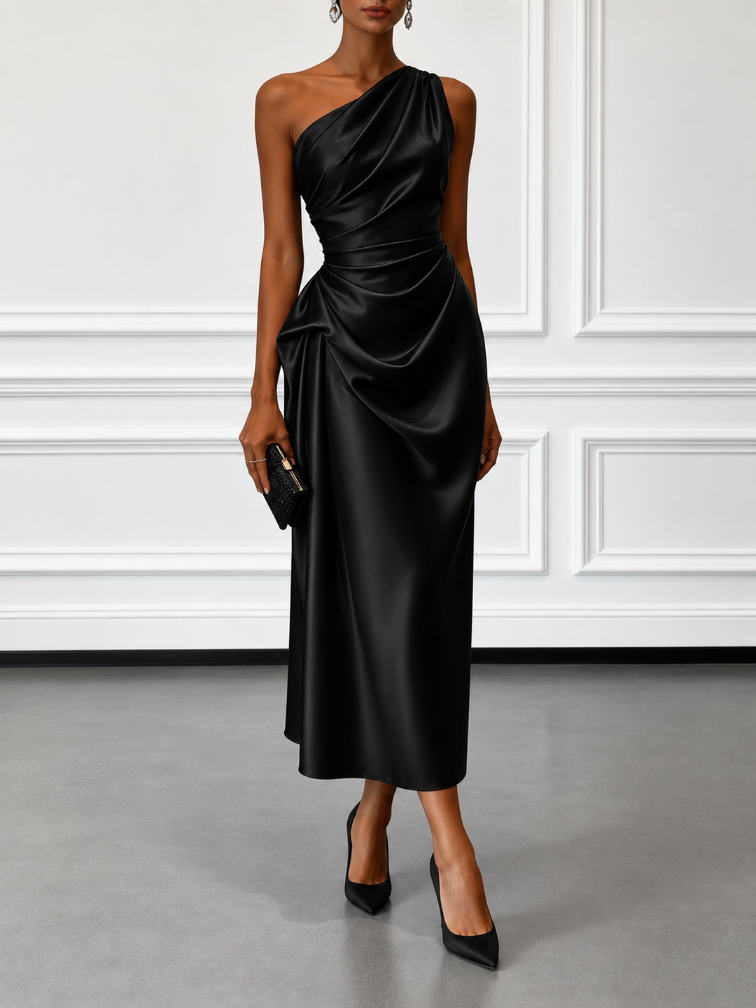 Camilla | Champagne Satin One-shoulder Sleeveless Ruffled Midi Dress