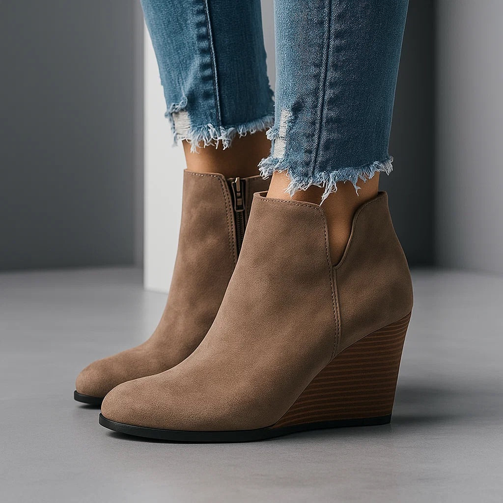 Hermione | Chic Suede Wedge Ankle Boots with Side Cut-Out