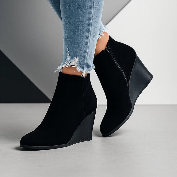 Hermione | Chic Suede Wedge Ankle Boots with Side Cut-Out