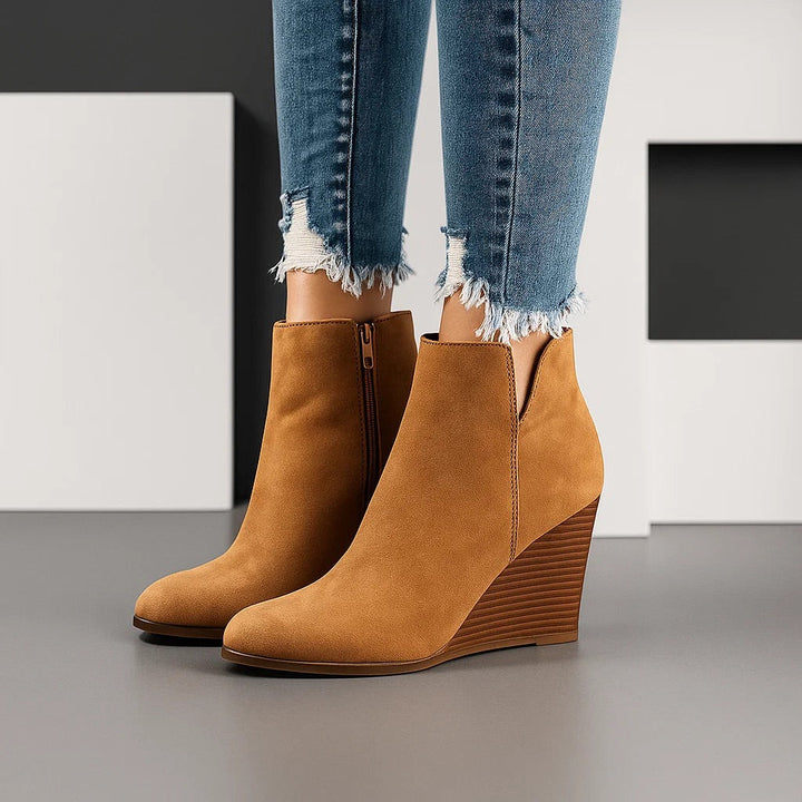 Hermione | Chic Suede Wedge Ankle Boots with Side Cut-Out