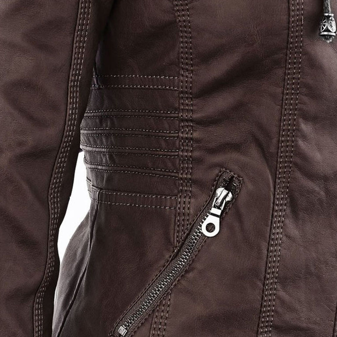 Emily | Women's Leather Biker Jacket with Removable Hood and Zip Detail