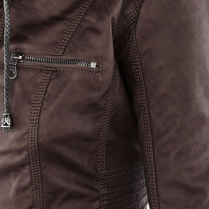 Emily | Women's Leather Biker Jacket with Removable Hood and Zip Detail
