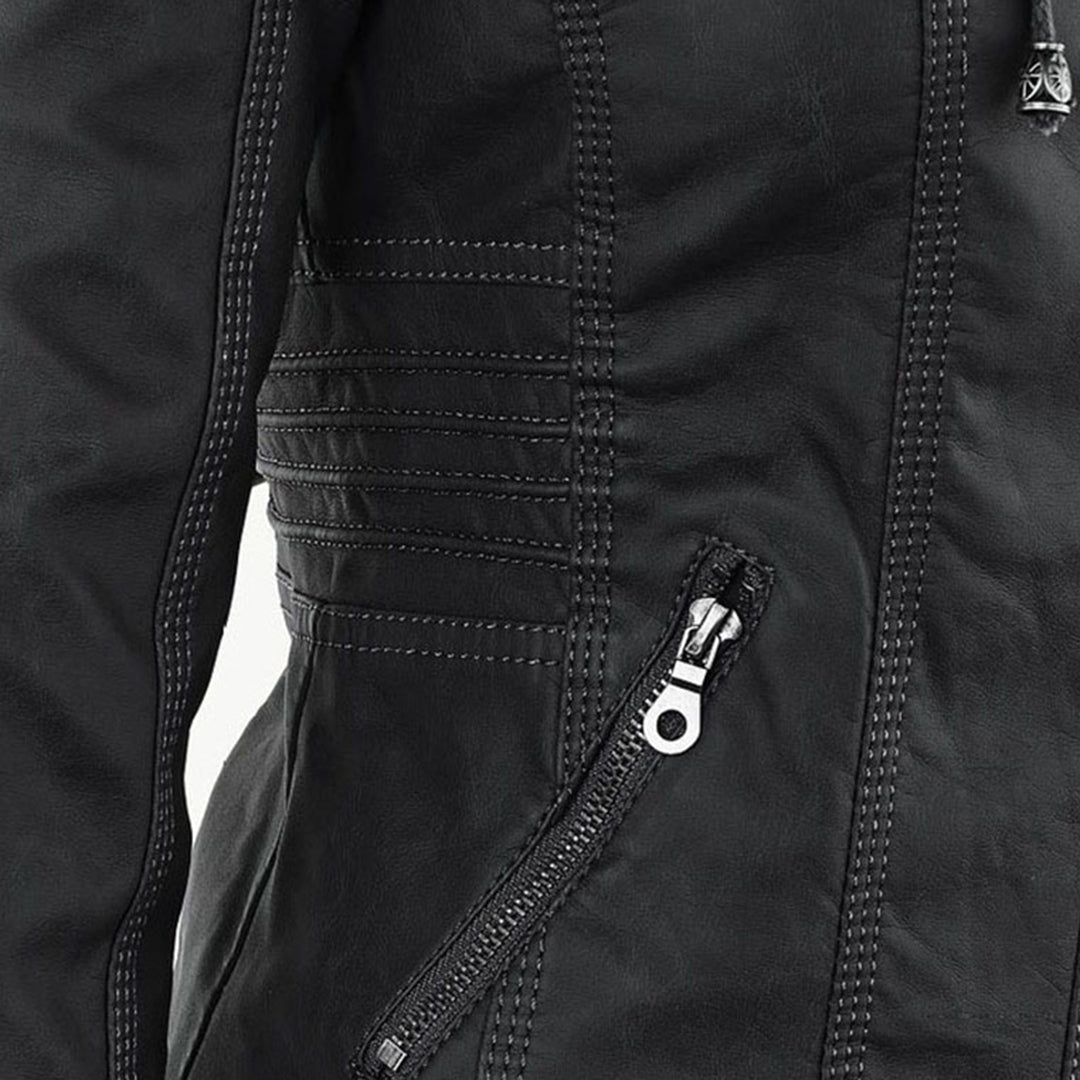 Emily | Women's Leather Biker Jacket with Removable Hood and Zip Detail
