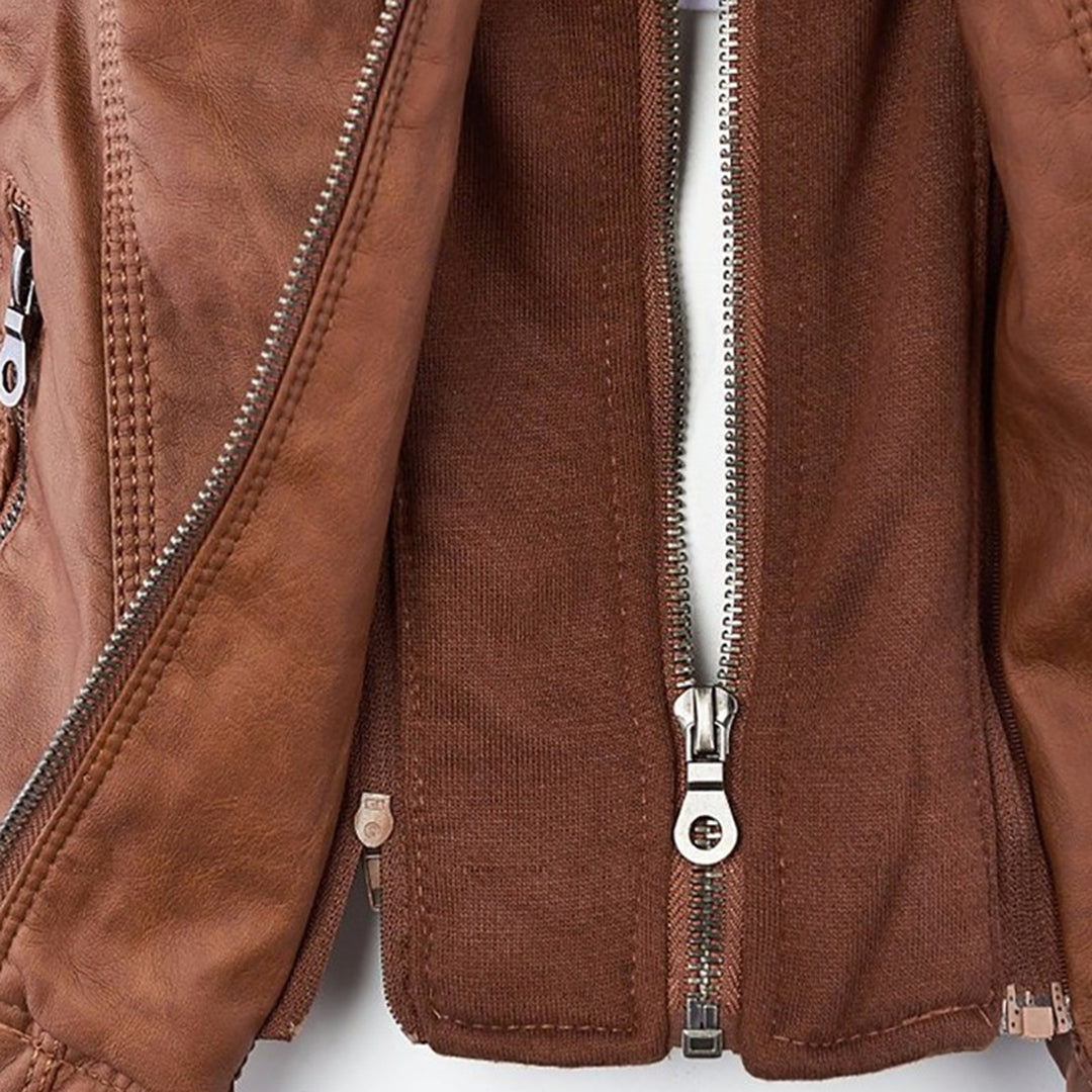 Emily | Women's Leather Biker Jacket with Removable Hood and Zip Detail