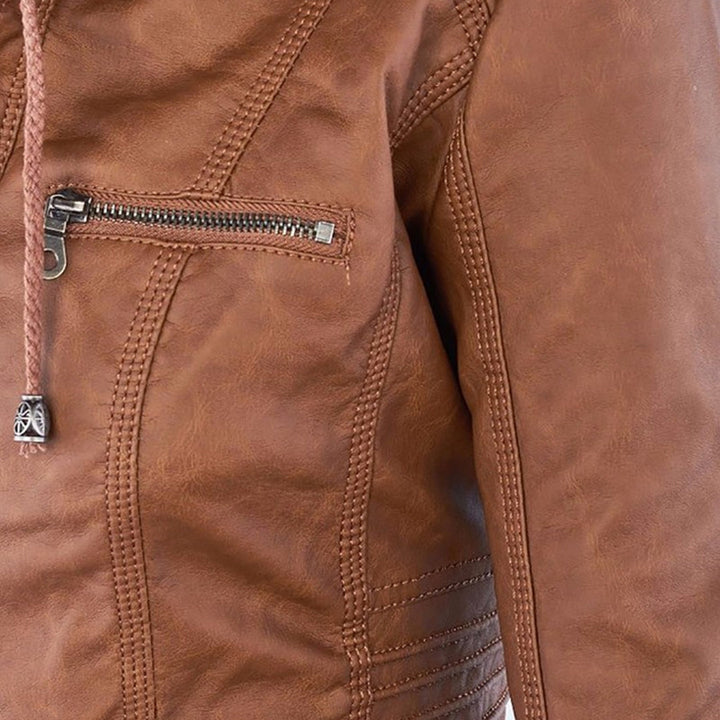 Emily | Women's Leather Biker Jacket with Removable Hood and Zip Detail