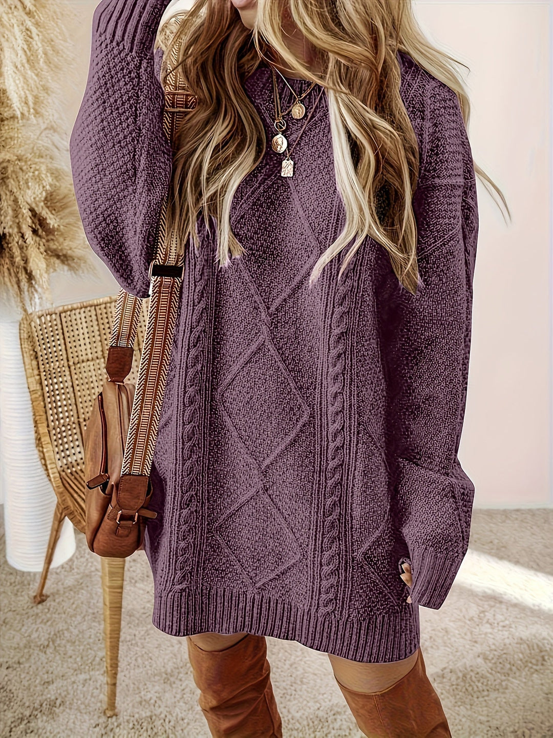 Julissa | Cosy Cable Knit Sweater Dress with Round Neck