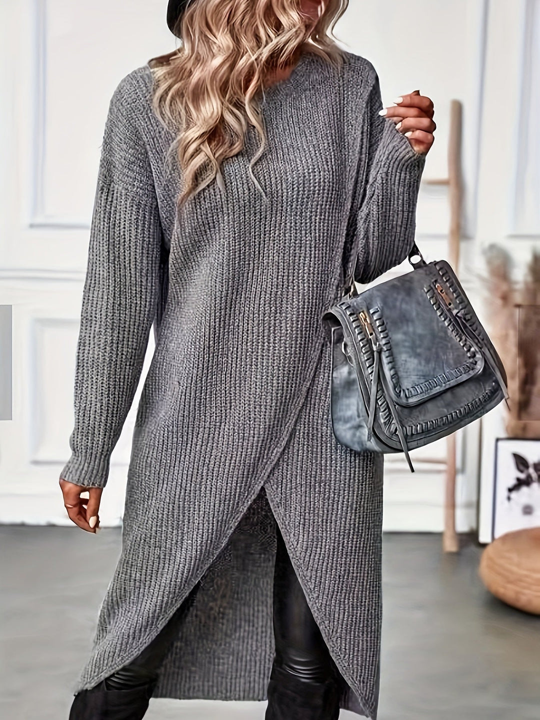 Wanda | Chic Long Sleeve Knit Dress with Wrap Front Hem